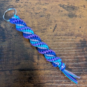 Blue & Purple Striped Boondoggle Keychain | Corkscrew Twist Rexlace Keychain | Plastic Lacing Gimp Lanyard | Key Fob