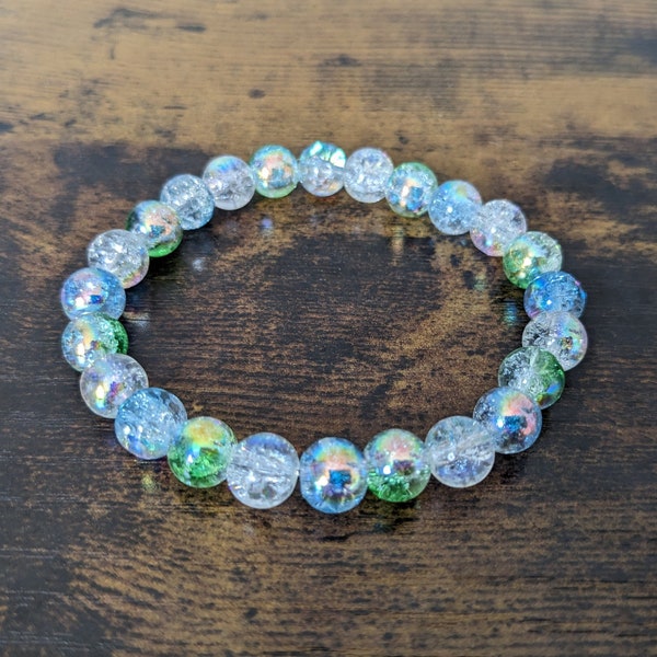 Blue Green Clear Sparkle Glass Bead Bracelet |  Crackle Glass Stacking Bracelet | Round Shiny Fancy Bead Bracelet