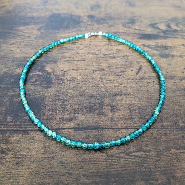 Dainty Blue & Green Crackle Glass Bead Necklace | Beaded Choker | Women's Necklace | Elegant Shiny Shimmer Necklace | Small Teal Bead Choker