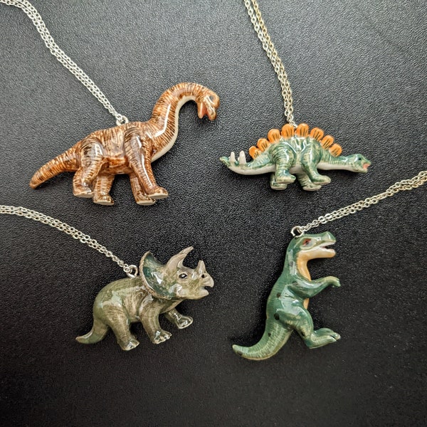 Dinosaur Pendant Necklaces | T-Rex Stegosaurus Triceratops Brachiosaurus Necklace| Women's Dino Necklace | Porcelain Ceramic Pendants