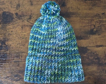 Green Blue Multicolor Handmade Knit Hat | Knit Beanie with Extra Thick Earband | Homemade Knit Pom Pom Hat