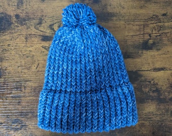 Blue Multicolor Handmade Knit Hat | Knit Beanie with Extra Thick Earband | Homemade Knit Pom Pom Hat