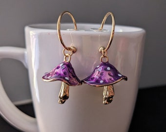 Purple & Gold Mushroom Dangle Stud Earrings | Fungi Half Hoop Earrings | Nature Earrings | Fairytale Earrings | Magical Wonderland Earrings