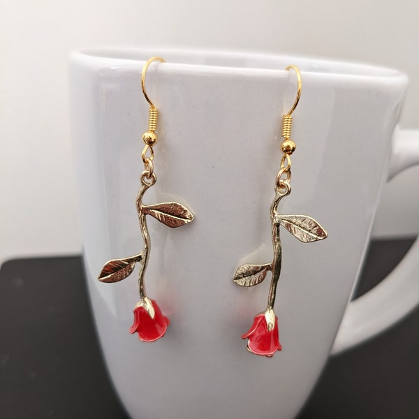 Red & Gold Rose Stem Dangle Earrings | Elegant Flower Earrings | Women's Floral Earrings | Valentines Day Earrings