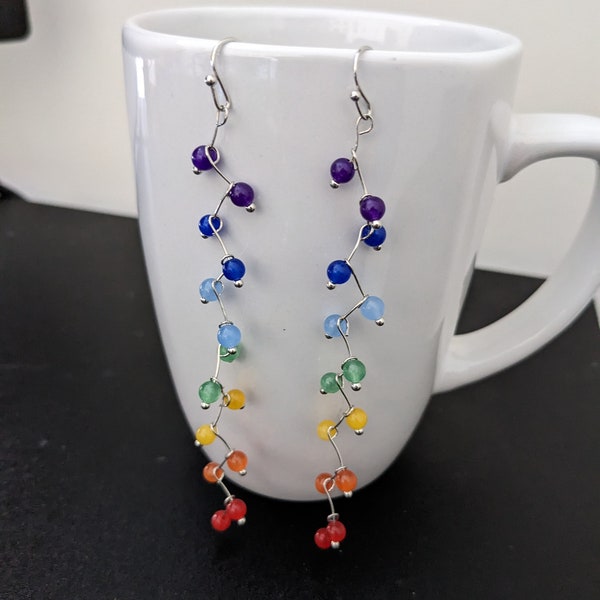 Chakra Dangle Earrings | Offset Natural Gemstone Silver Earrings | Multicolor Rainbow Earrings | Nature Bead Earrings | Mindful Jewelry