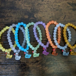 Rubber Duck Charm Bracelets | Glass Round Bead Bracelets | Stackable Solid Color Bracelets | Cute Duck Jewelry | Glow in the Dark Bracelet
