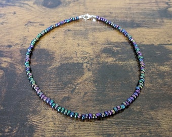 Iridescent Glass Seed Bead Necklace | Multicolor Purple & Green Bead Choker | Women's Small Bead Necklace | Dainty Glass Beads