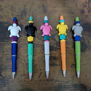 Turtle Beaded Pens | Silicone Bead Decorated Ink Pens | Unique Fun Gift Idea | Party Favor | Bead Pens | Fancy Custom Pens | Soft Beads