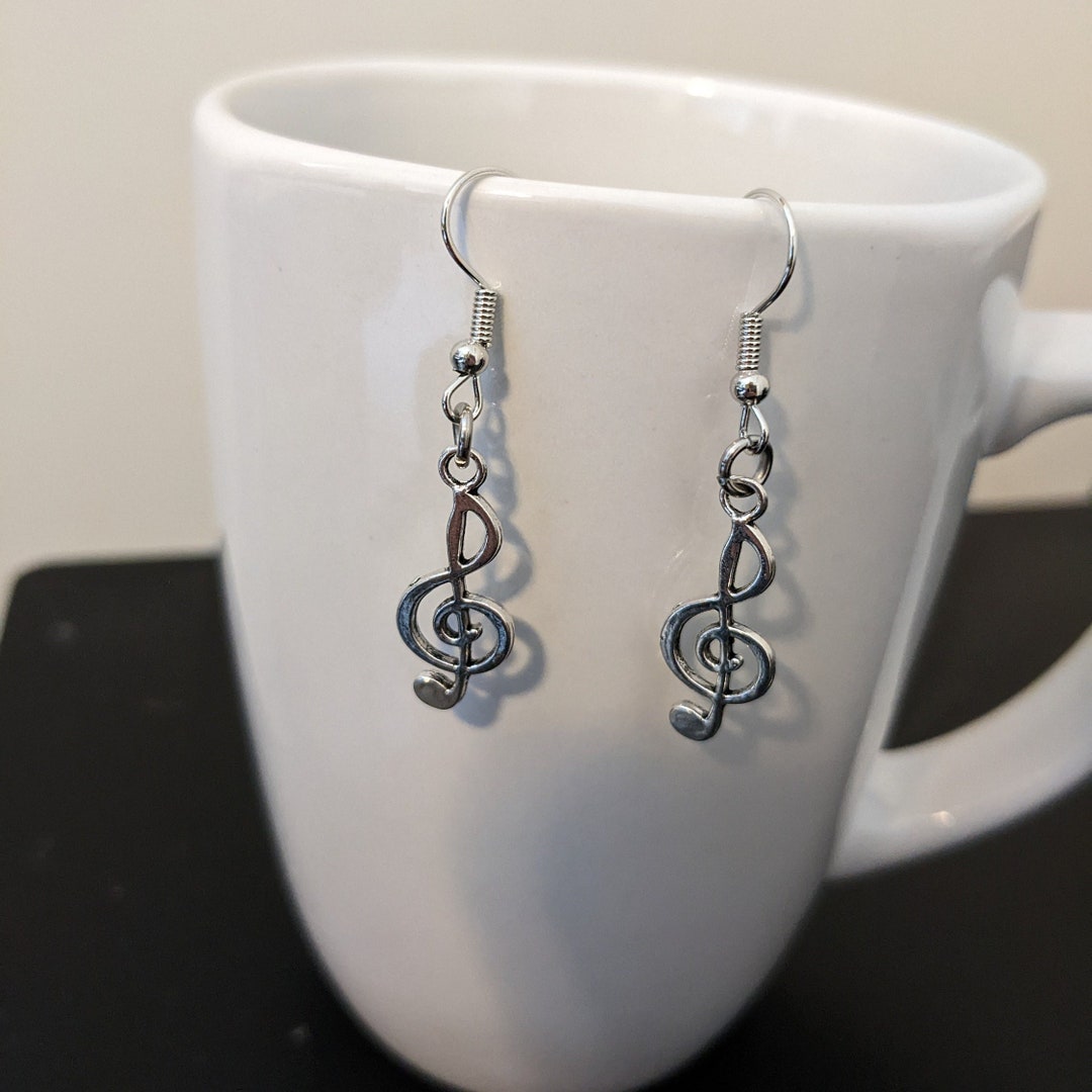 Silver Clef Music Note Dangle Earrings Music Earrings Etsy