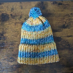 Blue & Gold Striped Handmade Knit Hat | Knit Beanie with Extra Thick Earband | Homemade Knit Pom Pom Hat