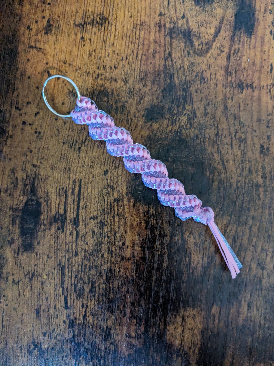 Light Pink & Clear Silver Glitter Boondoggle Keychain Corkscrew Rexlace