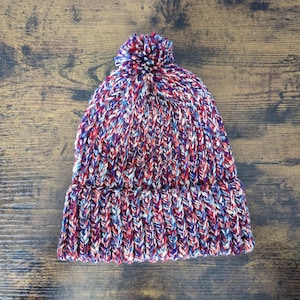 Red Multicolor Handmade Knit Hat | Knit Beanie with Extra Thick Earband | Homemade Knit Pom Pom Hat