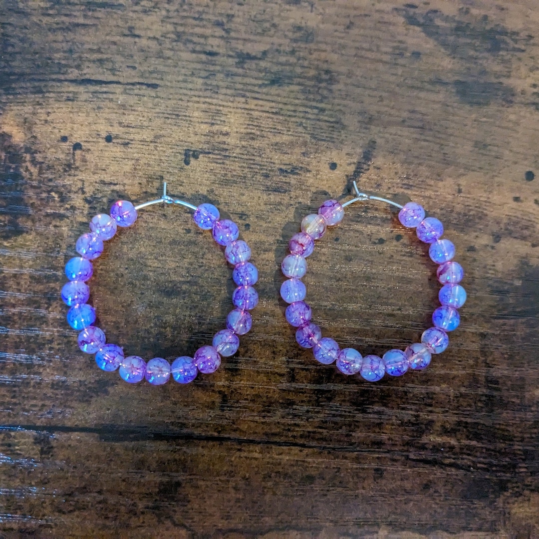 Pink & Purple Glass Bead Hoop Earrings Round Bead Earrings Multicolor