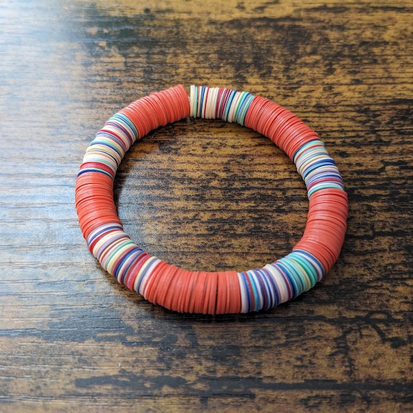 Orange Multicolor Heishi Bead Bracelet | 8mm Plastic Disc Bead Bracelet | Multicolor Stacking Bracelet | Striped Heishi Bracelet