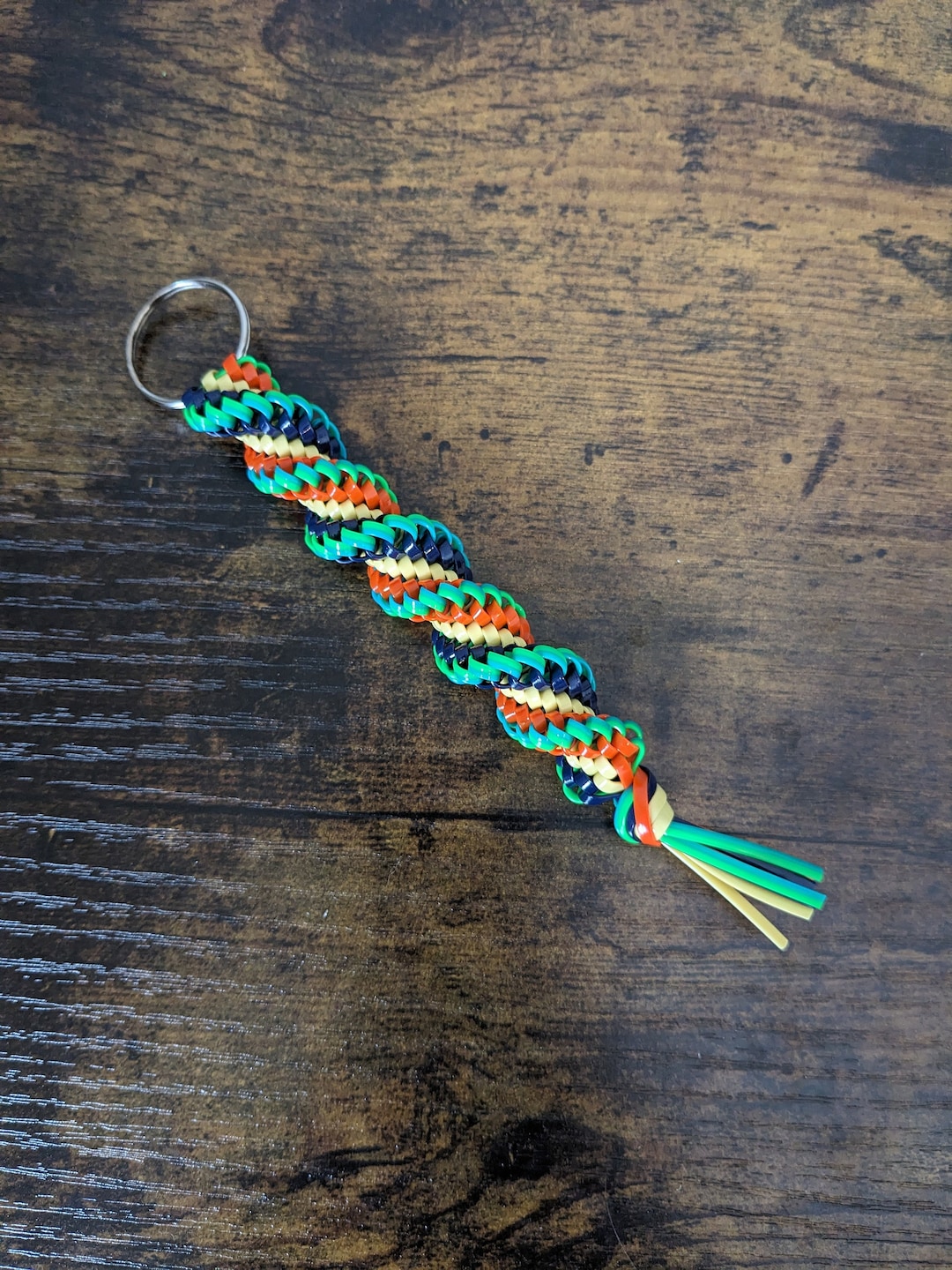 Blue Yellow Orange Green Striped Boondoggle Keychain Corkscrew Twist