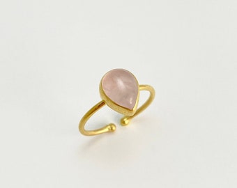 Rose Quartz Adjustable Ring / Handmade 18k Gold Vermeil Sterling Silver Pear Cut Rose Quartz Gemstone Adjustable Ring: Quartz of Venus Ring