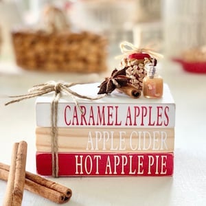 May include: Three stacked wooden blocks with red, white, and natural wood finishes. The top block reads "Caramel Apples" in red lettering, the middle block reads "Apple Cider" in white lettering, and the bottom block reads "Hot Apple Pie" in white lettering. The blocks are tied together with twine and decorated with cinnamon sticks, star anise, and a small bottle of red liquid.