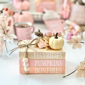 May include: A stack of three wooden books with pink and orange painted covers. The books are decorated with a small white pumpkin, fall leaves, and a brown twine bow. The books are labeled "Hayrides", "Pumpkins", and "Bonfires".