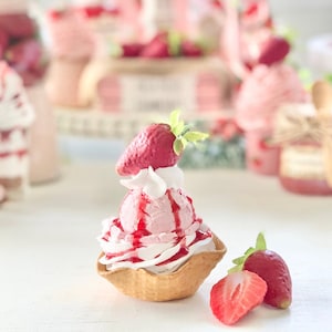 Handmade Faux Strawberry Ice Cream Sundae: Tier Tray Decor