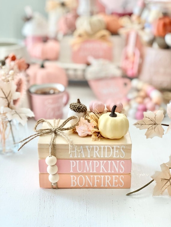Pink Fall Book Stack: Tier Tray Decor with Acorn & Pumpkins