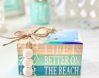 Handmade Beach Diorama Book Stack: Coastal Farmhouse Nautical Decor