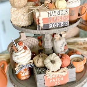 May include: A tiered tray decorated with fall-themed items, including pumpkins, a mug with the text "Hot Stuff", a jar with the text "Spice Everything", and a wooden box with the text "Pumpkin Patch .25".