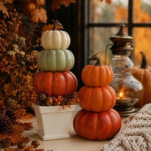 Puede incluir: Dos topiarios de calabazas apiladas. La pila izquierda presenta una calabaza blanca, verde salvia y naranja en una maceta cuadrada blanca. La pila derecha consta de tres calabazas naranjas de diferentes tonos con tallos realistas.