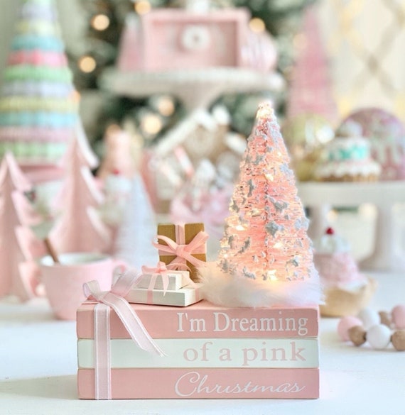 Pink Christmas Book Stack with LED Tree: Wireless Pastel Decor