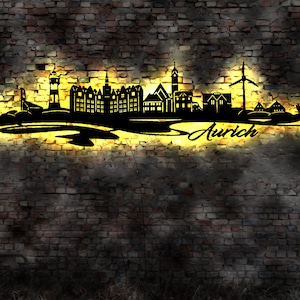 Skyline Aurich Stadt  LED Wandbild   Holz Stadt AK Karte Map Stadtplan Wandsticker Leuchtbild Wandtattoo Reiseführer Silhouette