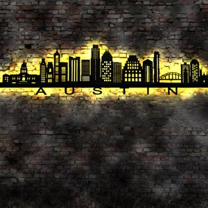 Skyline Austin  USA  LED Wandbild Holz Stadt AK Karte Map Stadtplan Wandsticker Leuchtbild Neonreklame Wandtattoo  Silhouette