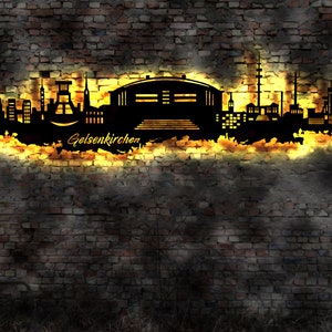 Skyline Gelsenkirchen LED Wandbild Holz Stadt AK Karte Map Stadtplan Wandsticker Leuchtbild Neonreklame Wandtattoo Reiseführer Silhouette