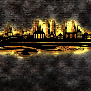 Skyline Wiesbaden LED Wandbild Holz Stadt AK Karte Map Stadtplan Wandsticker Leuchtbild Neonreklame Wandtattoo Reiseführer Silhouette
