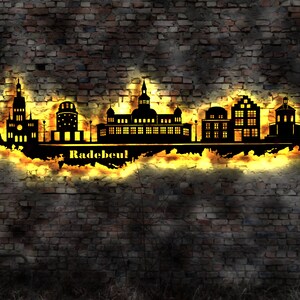 Skyline Radebeul  LED Wandbild Holz Stadt AK Karte Map Stadtplan Wandsticker Leuchtbild Neonreklame Wandtattoo Reiseführer Silhouette