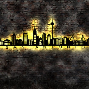 Skyline San Antonio Texas  USA  LED Wandbild   Holz Stadt AK Karte Map Stadtplan Wandsticker Leuchtbild Neonreklame Wandtattoo Silhouette