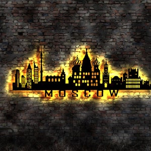Skyline Moskau LED Wandbild Holz Stadt AK Karte Map Stadtplan Wandsticker Leuchtbild Neonreklame Wandtattoo Reiseführer Silhouette