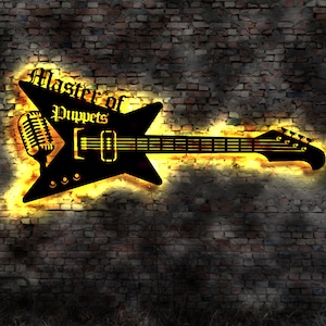 LED illuminated sign Master of Puppets Guitar Illuminated sign Neon advertising sign Custom text Made to order Wooden sign