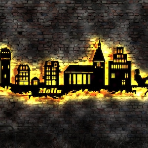 Skyline Mölln  LED Wandbild Holz Stadt AK Karte Map Stadtplan Wandsticker Leuchtbild Neonreklame Wandtattoo Silhouette Plan Stadtführer