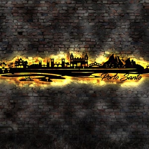 Skyline Insel Porto Santo LED Wandbild Holz Stadt AK Karte Map Wandsticker Leuchtbild Neonreklame Wandtattoo Reiseführer Silhouette