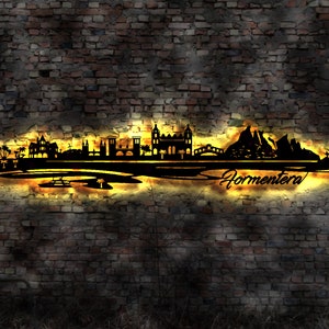 Skyline Formentera Island Urlaub  LED Wandbild Holz Stadt AK Karte Map Wandsticker Leuchtbild Neonreklame Wandtattoo Reiseführer Silhouette