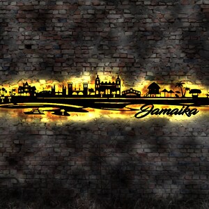 Skyline Insel Jamaika LED Wandbild Holz Stadt AK Karte Map Wandsticker Leuchtbild Neonreklame Wandtattoo Reiseführer Silhouette Karibik