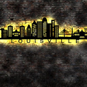 Skyline Louisville Kentucky USA  LED Wandbild   Holz Stadt AK Karte Map Stadtplan Wandsticker Leuchtbild  Wandtattoo Reiseführer Silhouette