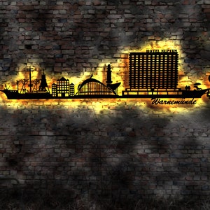 Skyline Rostock Warnemünde  Wandbild Holz Stadt AK Karte Map Stadtplan Wandsticker Leuchtbild Neonreklame Wandtattoo Reiseführer Silhouette
