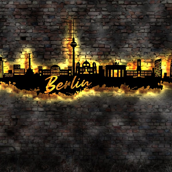 Skyline Berlin  LED Wandbild Holz Stadt AK Karte Map Stadtplan Wandsticker Leuchtbild Neonreklame Wandtattoo Reiseführer Silhouette