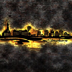 Skyline Elmshorn LED Wandbild Holz Stadt AK Karte Map Stadtplan Wandsticker Leuchtbild Neonreklame Wandtattoo Reiseführer Silhouette