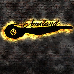 Skyline Ameland eiland LED muurschildering houten stadsplattegrond muursticker lichtafbeelding neonbord muurtattoo reisgids silhouet