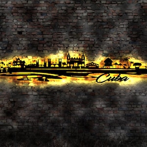 Skyline Kuba Cuba Urlaub  LED Wandbild Holz Stadt AK Karte Map Wandsticker Leuchtbild Neonreklame Wandtattoo Reiseführer Silhouette Karibik