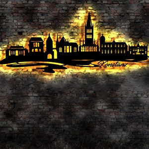 Skyline Konstanz  LED Wandbild Holz Stadt AK Karte Map Stadtplan Wandsticker Leuchtbild Neonreklame Wandtattoo Reiseführer Silhouette