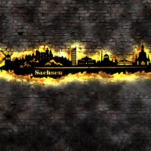 Skyline Bundesland Sachsen LED Wandbild Holz Stadt AK Karte Stadtplan Wandsticker Leuchtbild Dresden  Wandtattoo Reiseführer Silhouette