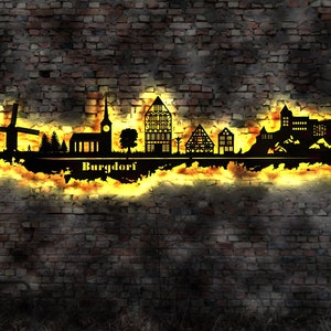 Skyline Stadt Burgdorf Niedersachsen  Wandbild Holz Karte Map Stadtplan Wandsticker Leuchtbild Neonreklame Wandtattoo Aufkleber Silhouette