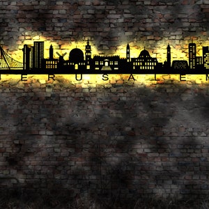 Skyline Jerusalem Israel LED Wandbild   Holz Stadt AK Karte Map Stadtplan Wandsticker Leuchtbild  Wandtattoo Reiseführer Silhouette